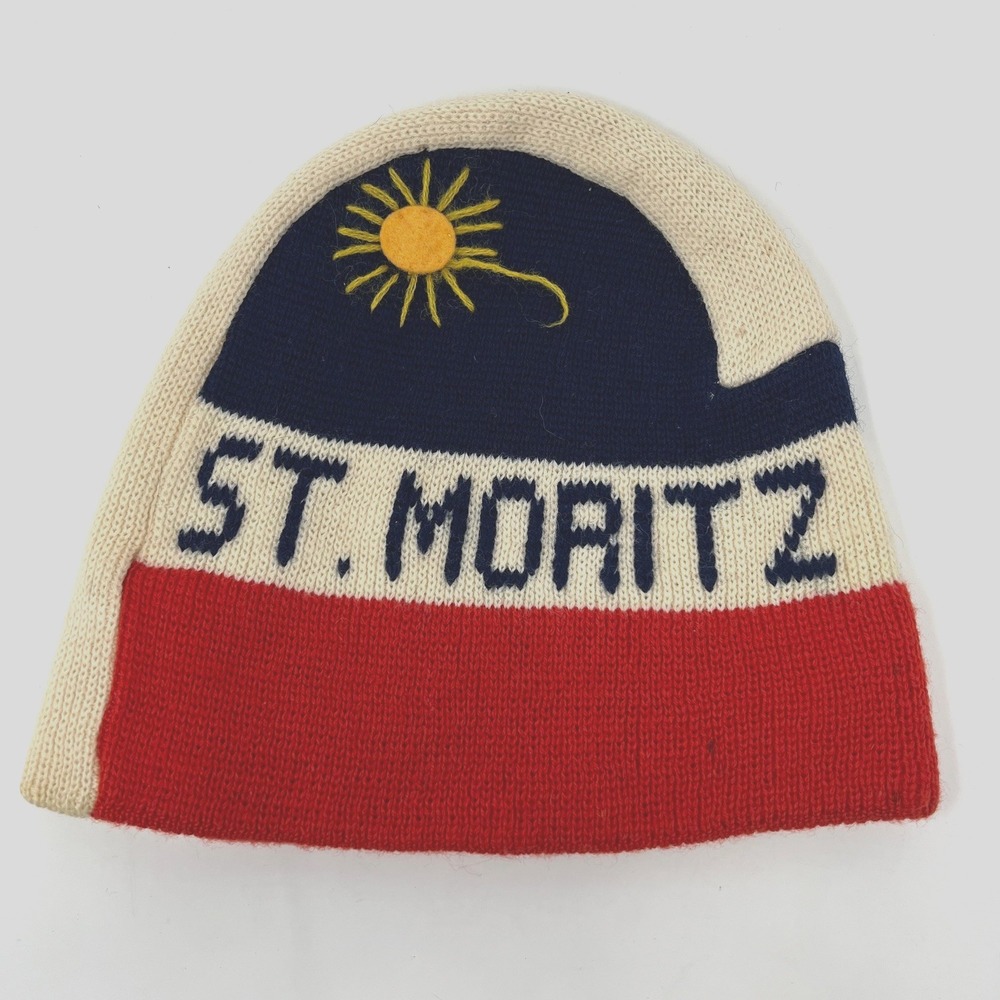 Vintage St Moritz Ski Beanie Wool Knit Hat Switzerland Retro Alpine Apres Ski